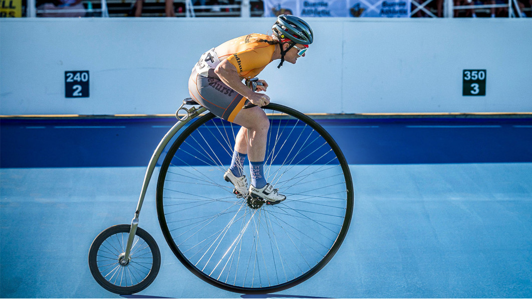 Lizanne on her penny farthing