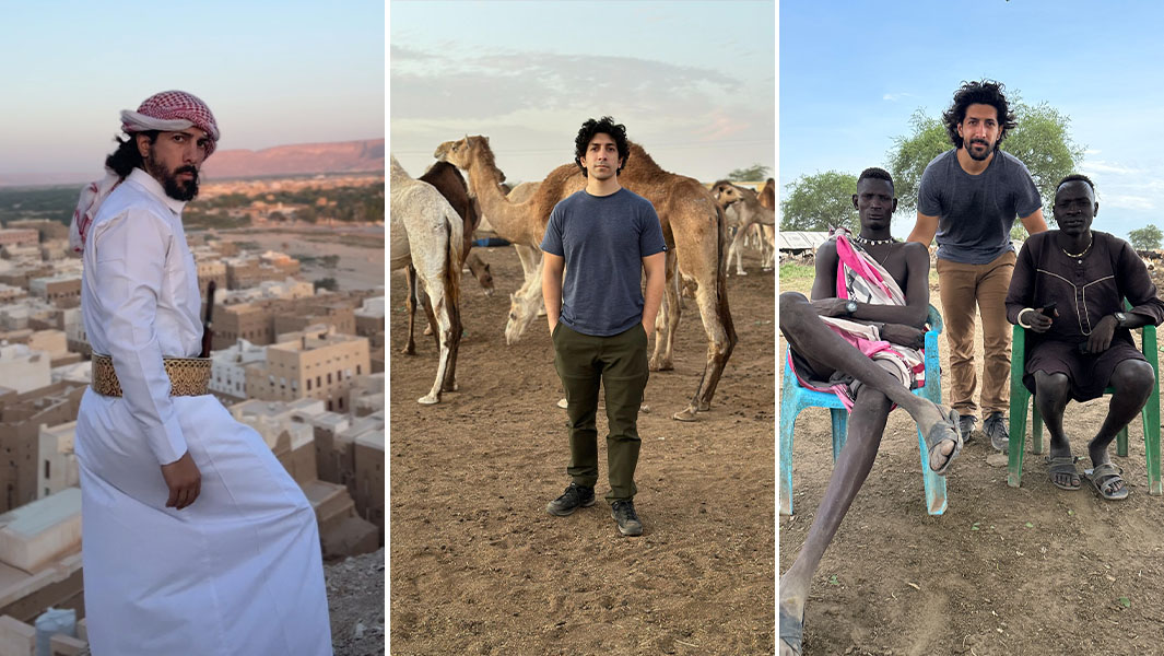 Split image three ways of Michael with people he met around the world