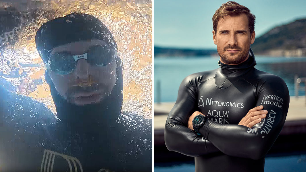 split image of Vitomir Maričić under the water and posing in a scuba suit