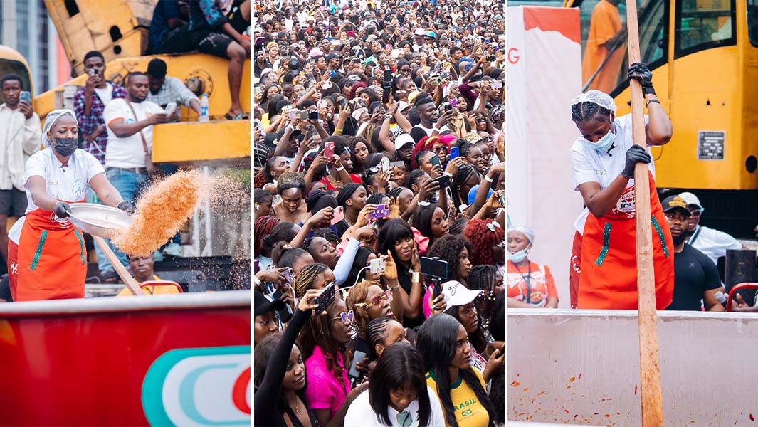 split image of Hilda Baci making the rice and the crowd gathered to try it