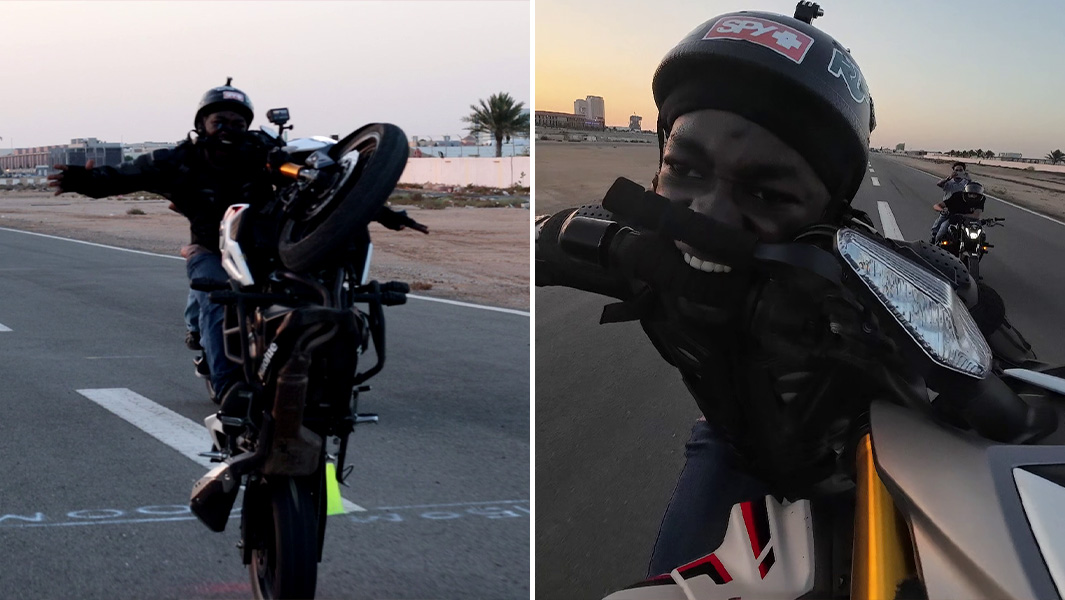 split image of Ahmad holding the wheelie and a close up