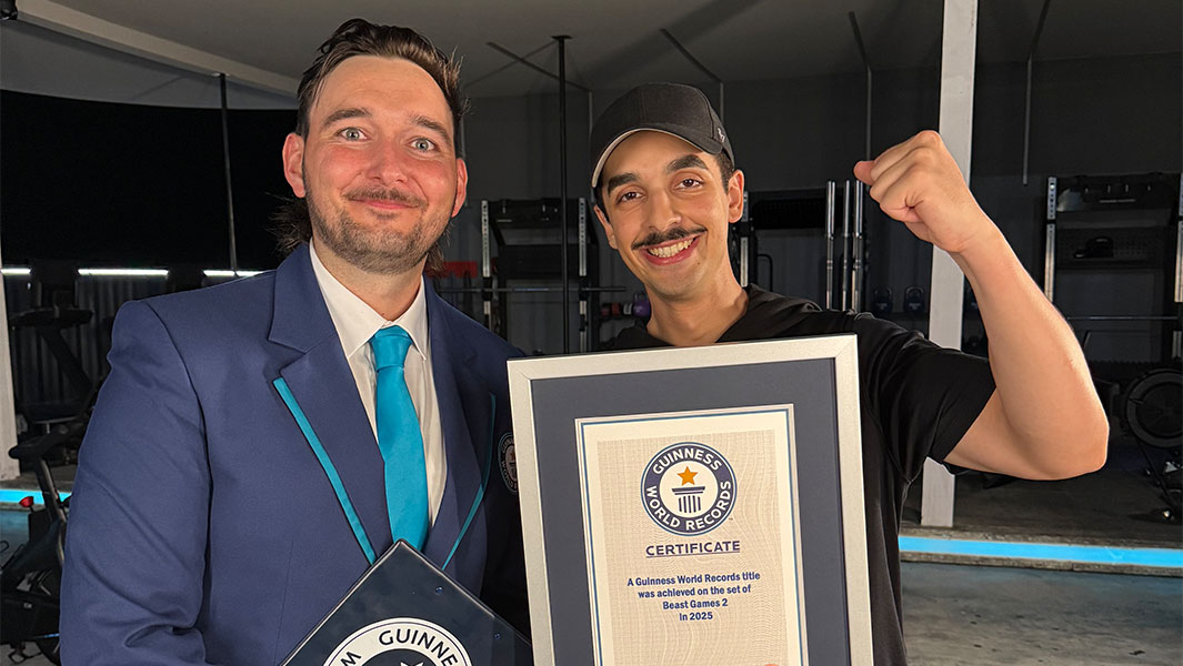 split image of Tareq attempting his record and getting his GWR certificate from an adjudicator