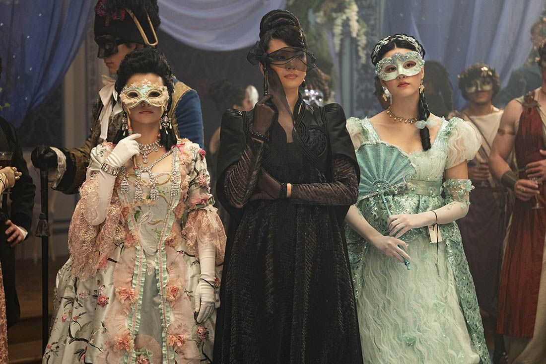 Lady Aramita Gun and the Li sisters at a ball in Bridgerton season 4