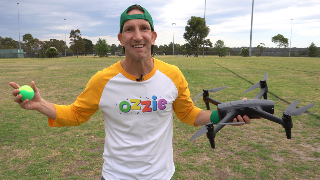 split image of Ozzie catching the ball and holding the drone