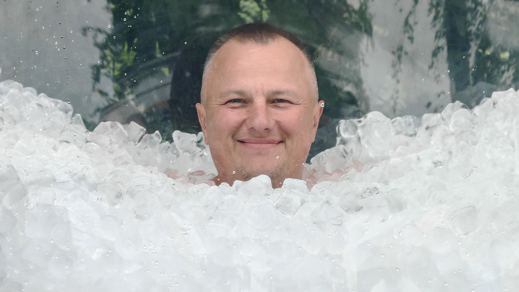 split image of people in ice, snow and ice water