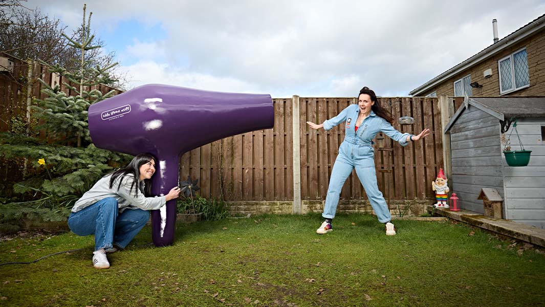 Split image of Ruth holding her GWR certificate and Ruth being blown away by the largest hairdryer
