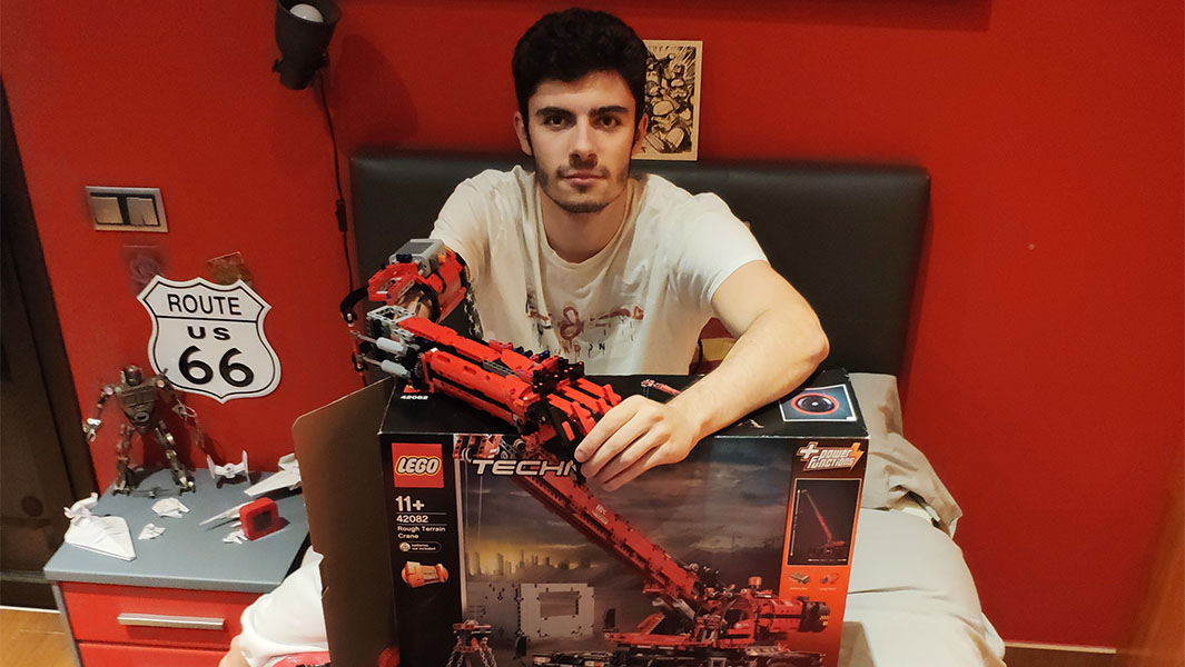 split image of David on his bed surrounded by LEGO and posing with his dad and their book