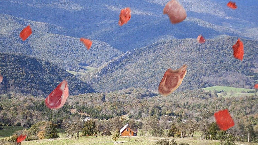 Composite image, showing meat raining down on a farmstead