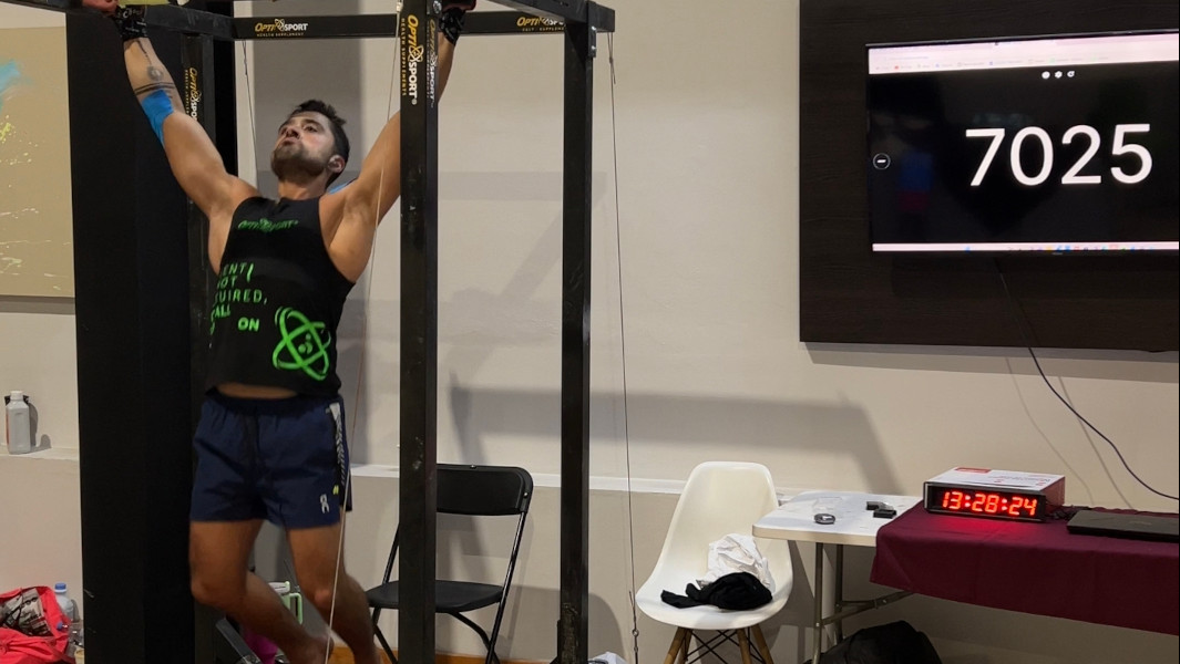 Split image of Enrique with a cutout of himself, and completing a pull up