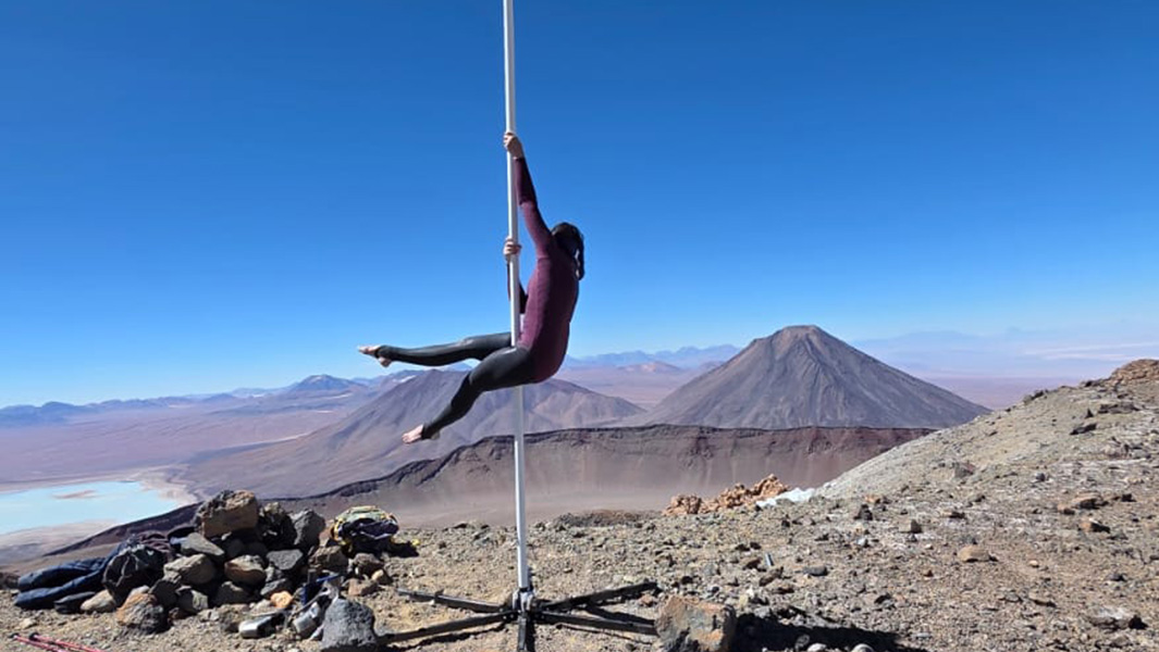 split image of Fiona posing next to the pole and doing her performance