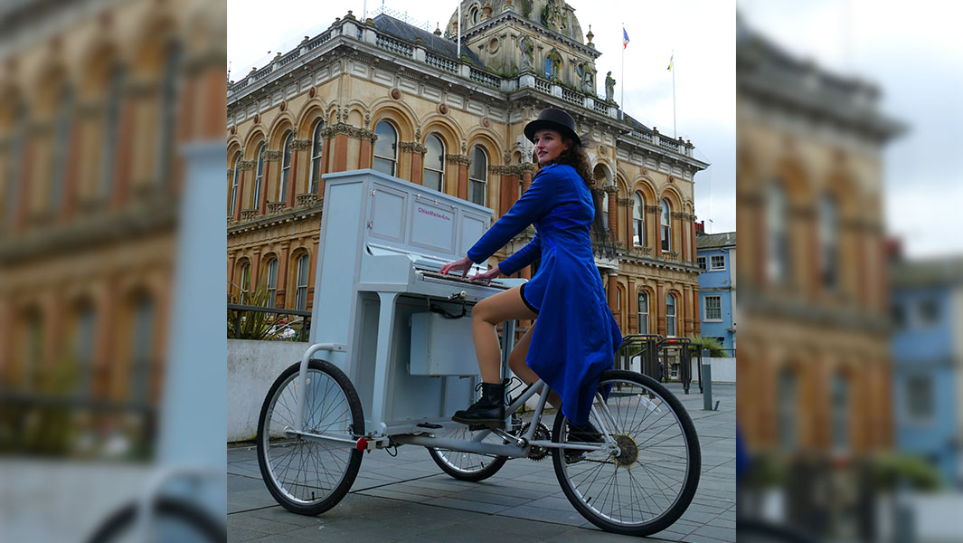 split image of Chloe with her piano bike