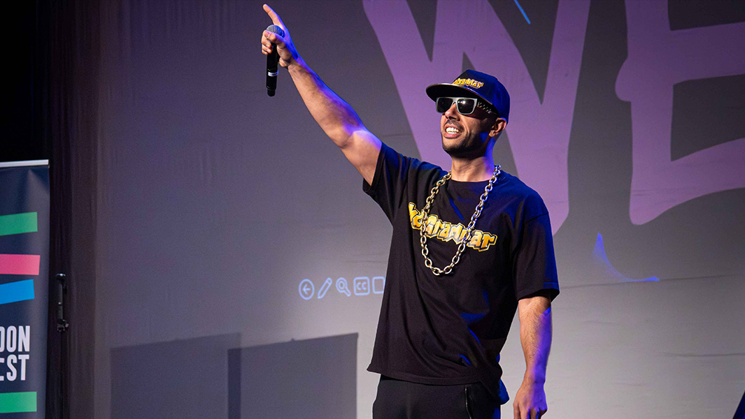 split image MC Grammar alone on stage and with kid