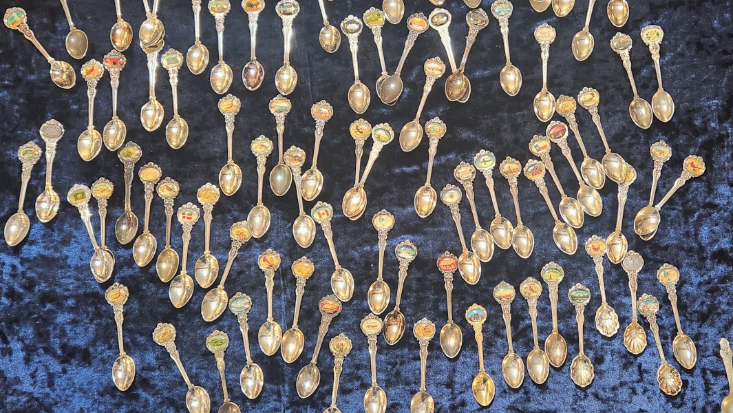 Split image of ladies looking at spoons, and Camellia's spoon collection