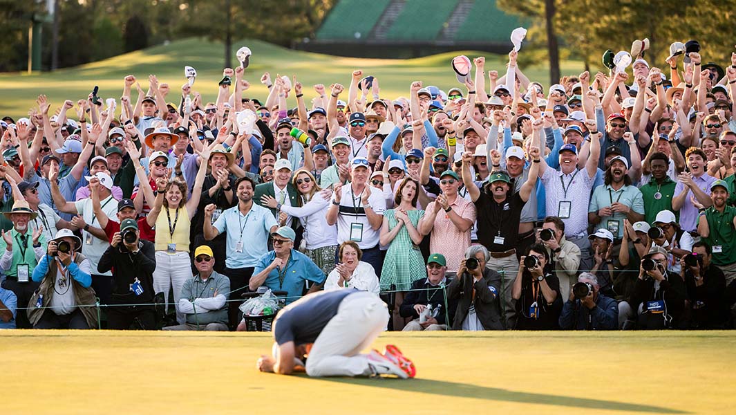 Rory McIlroy sinks his final putt in the playoff to win the final round of the 2025 Masters Golf Tournament
