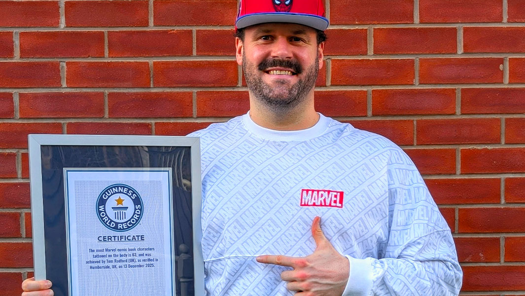 split image of Tom with certificate and some of his tattoos