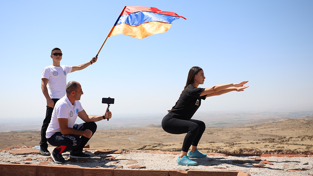 split image of Mari doing squats