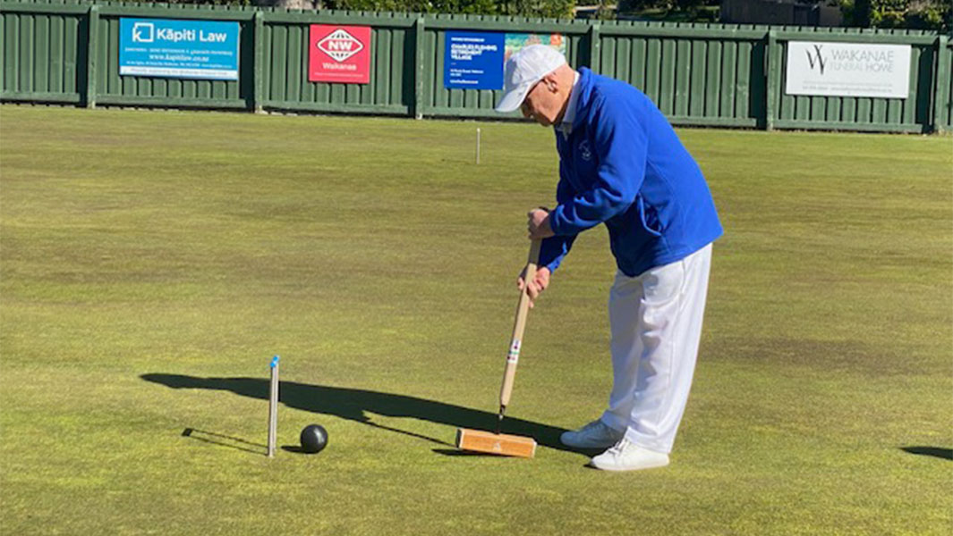 split image of Neville playing croquet