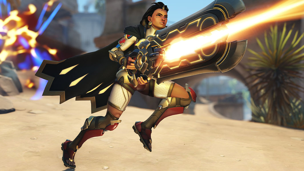 Overwatch character firing a blaster gun