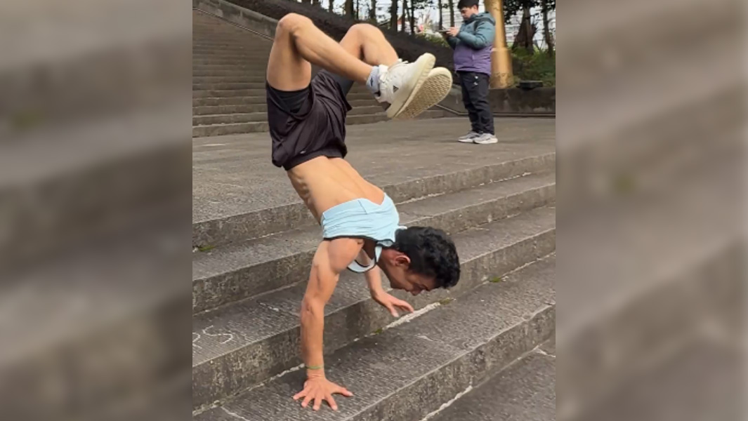 split image of Hari walking down stairs on his hands and standing on the stairs