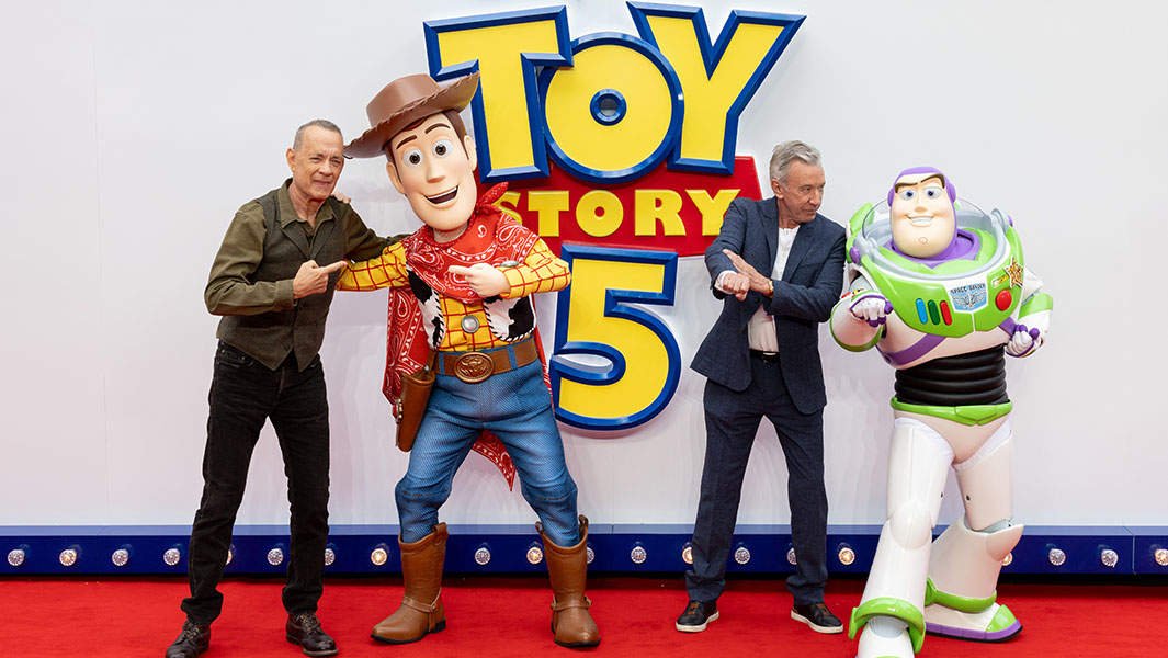 split image of Lim Kai Yi holding a Mr Potato Head and Tom Hanks and Tim Allen posing with their characters on the Toy Story 5 red carpet