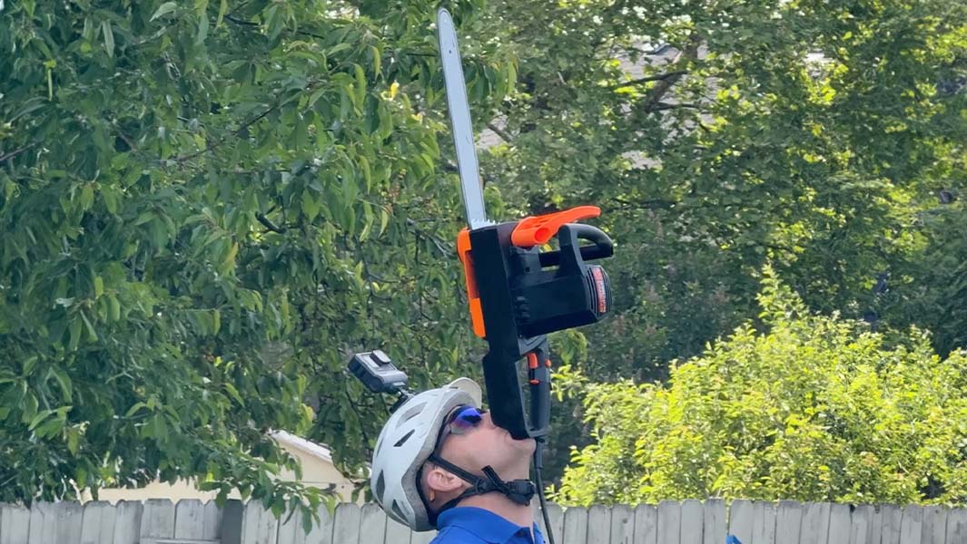 split image of David Rush balancing a running chainsaw on his chin