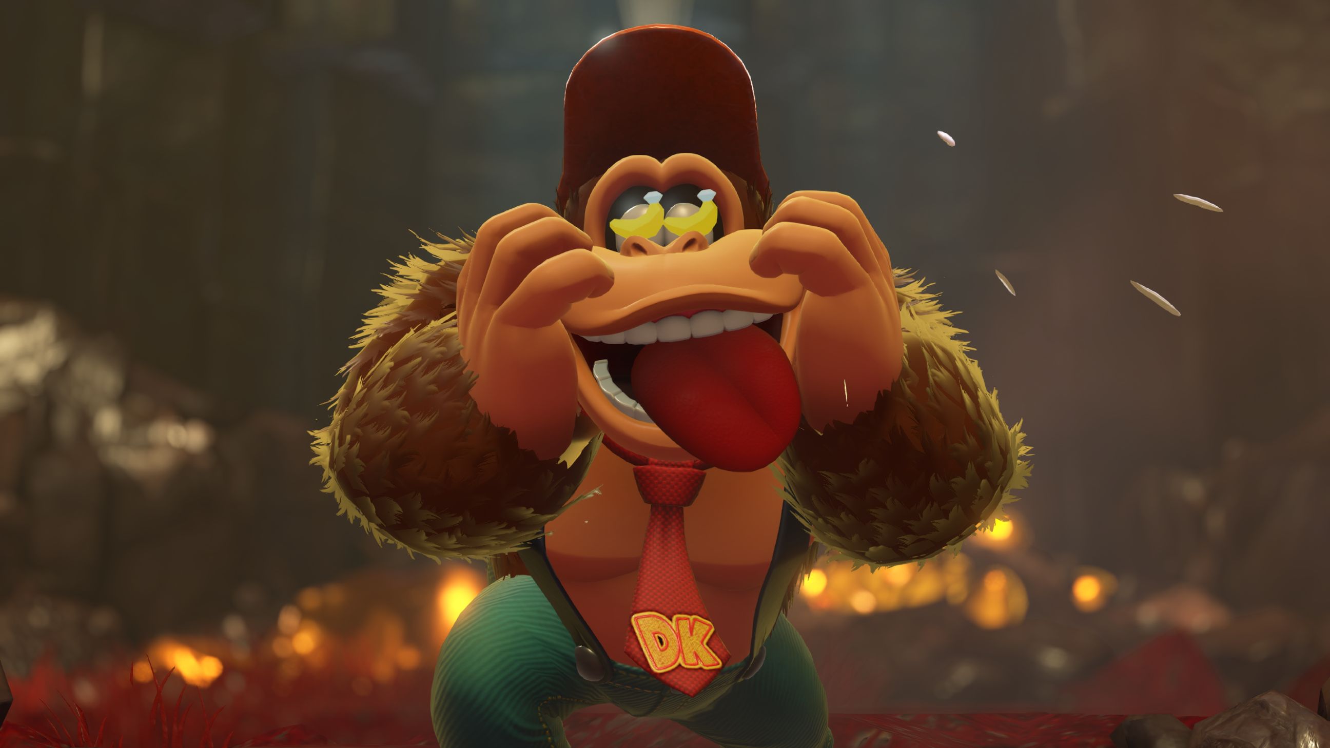 Donkey Kong, a large brown ape creature from the series of games named after him, stands in rapture thinking about bananas