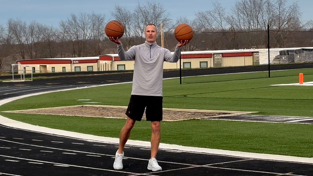 split image of Michael running driblling two basketballs and holding up his time