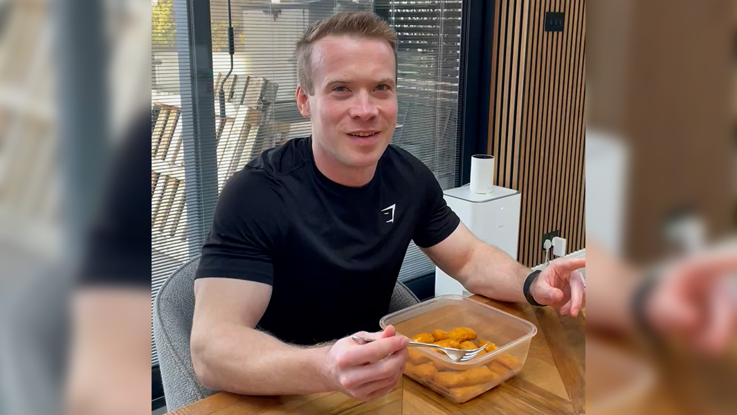 split image of Nathan with a bowl full of fish fingers and eating them