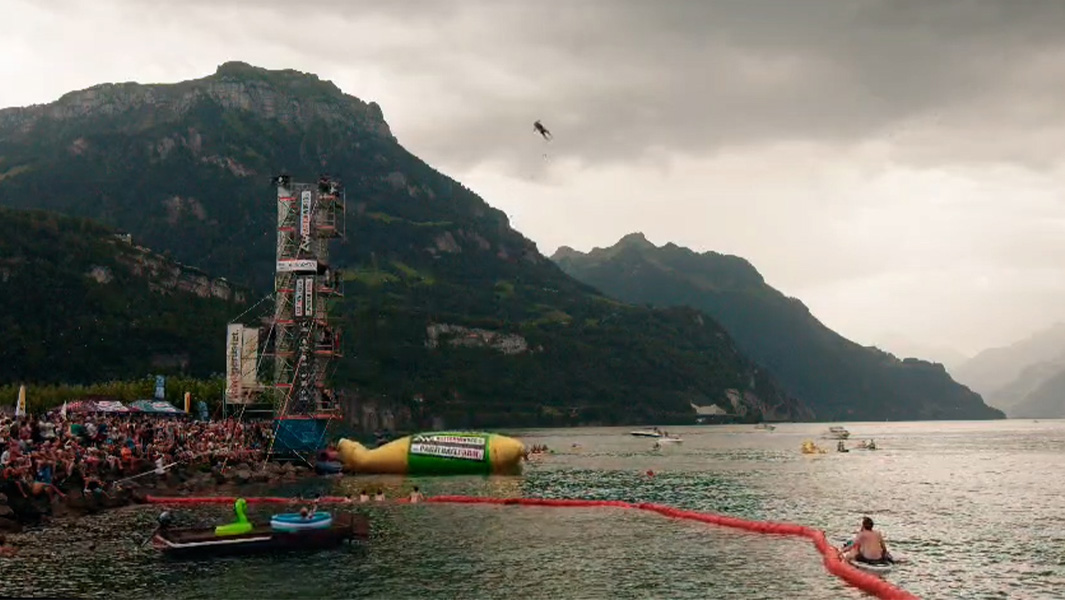 split image of the airbag jumper in the sky and splashing down into the water