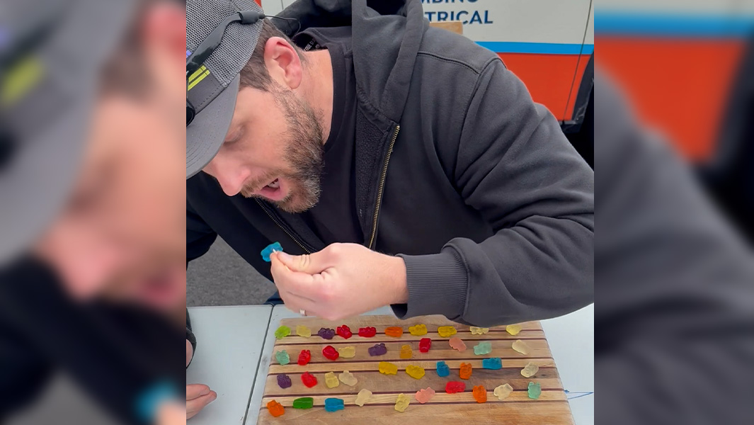 split image of man eating gummy bears with a cocktail stick
