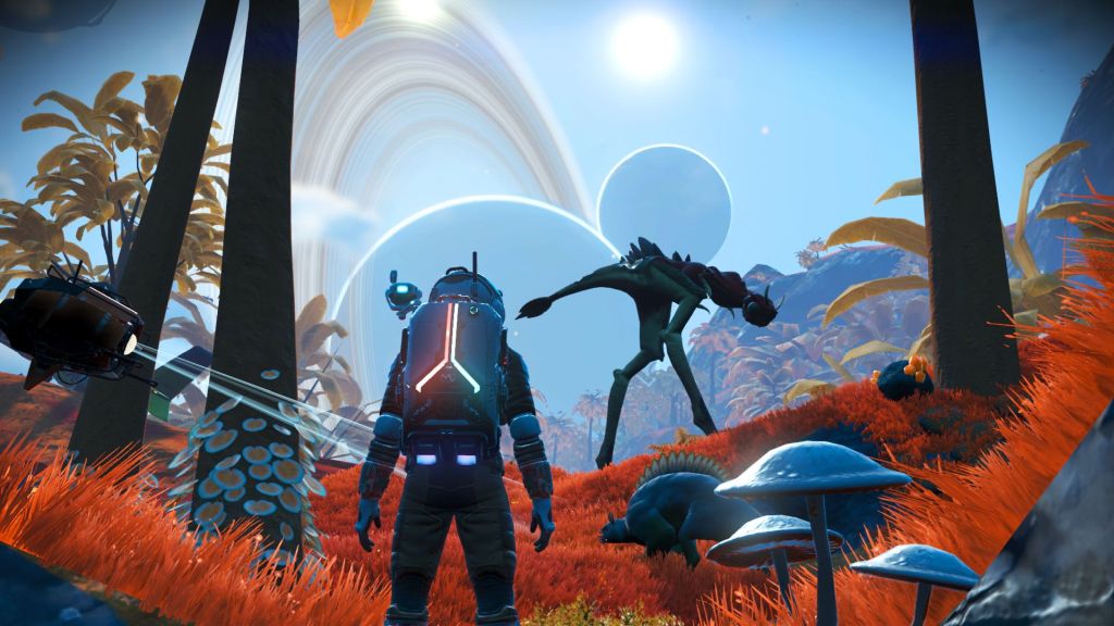 A player in No Man's Sky looks out on a strange alien vista with several planets visible in the sky beyond