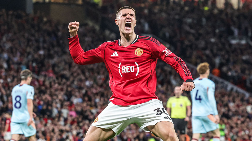 Manchester United’s Benjamin Sesko celebrates after scoring a goal last season