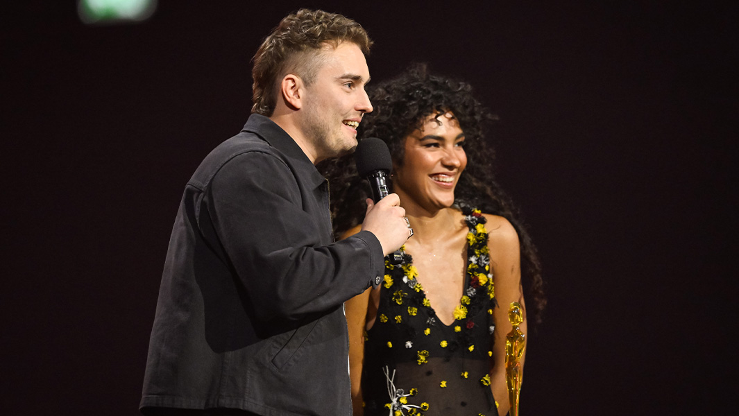 Sam Fender and Olivia Dean together on stage