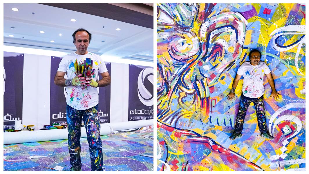 Split images of Emad Salehi while painting