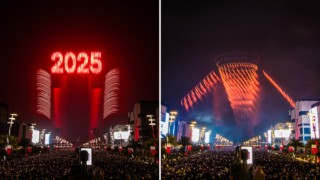 split image of drones creating 2025 in lights and a firework creates a red spiral