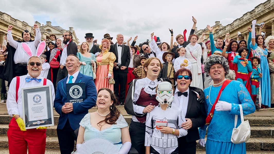 split image the right show various people dressed as pirate of the caribbean characters and one the right people cheer happily