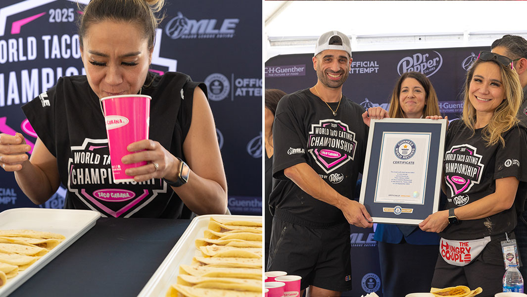 split image of a woman drinking from a pink cup on the left and the right image shows a man and a woman smiling holding a guinness world records certificate