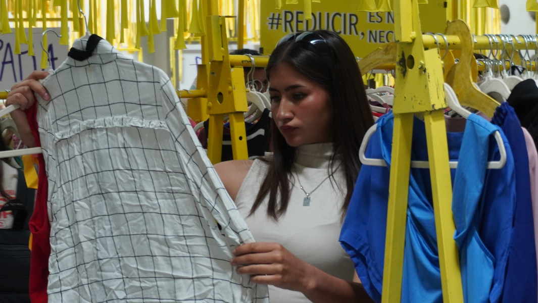 Split image of event organizers giving a speech and a woman shopping