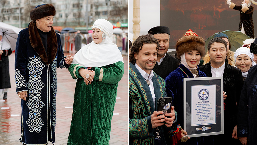 split image of a man and woman wearing traditional kazakh clothing and receiving their guinness world records certificate