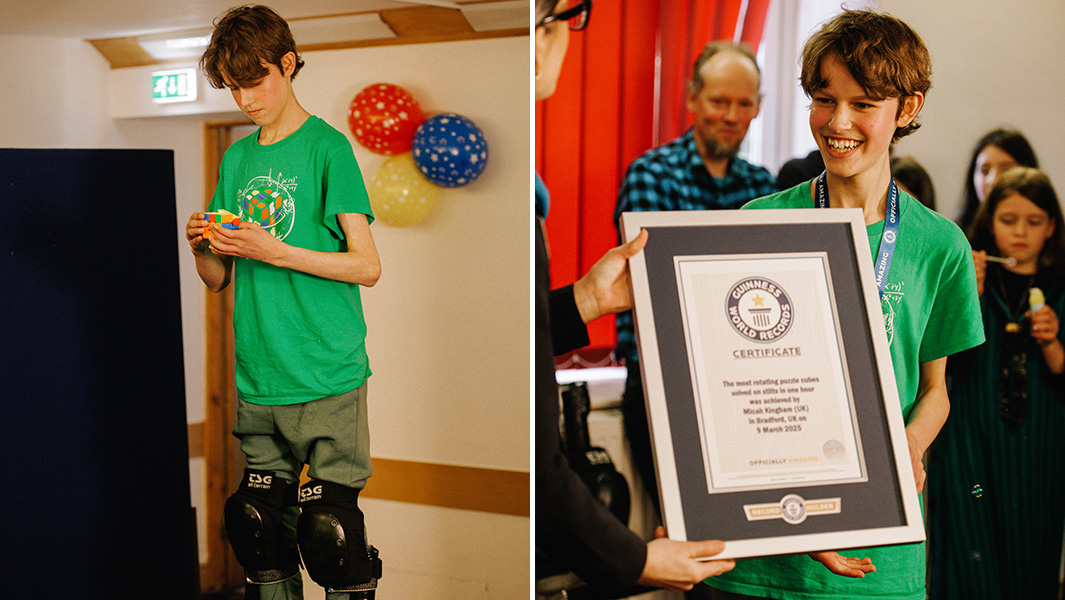 split image of a boy wearing a green t-shirt solving puzzle cubes on stilts and smiling holding a guinness world records certificate