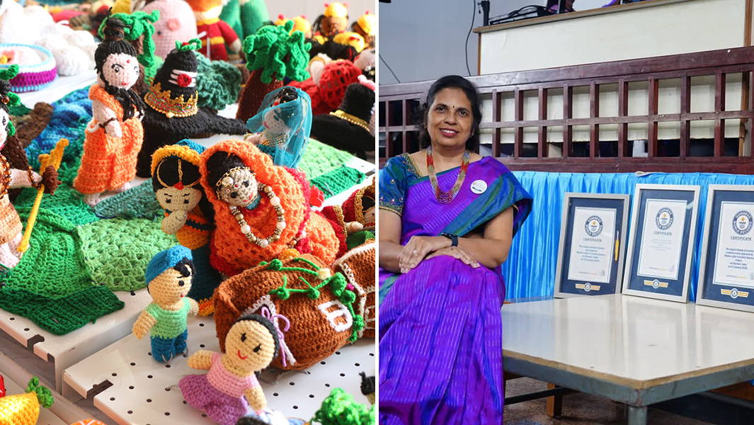 spilt image of colourful crochet sculptures and founder subashri posing next to guinness world records titles