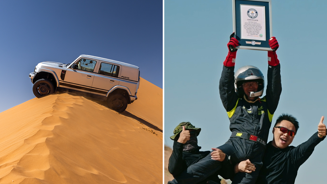 Split image of iCAR climbing a sand dune and with GWR certificate