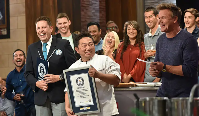 The F word with Gordon Ramsay and chef holding Guinness World Records certificate