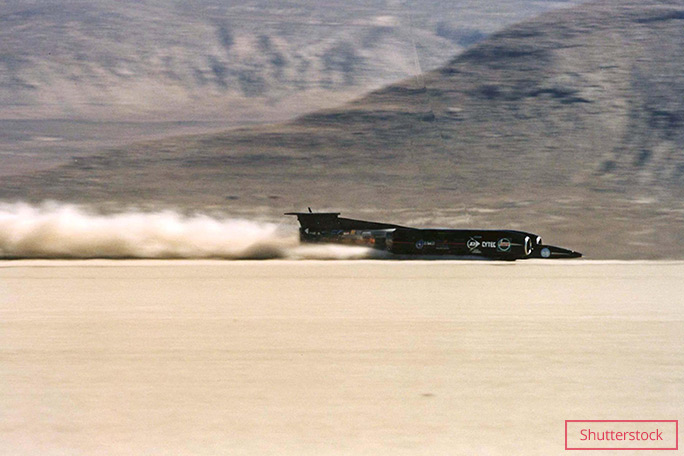 Andy Green pilots Thrust SSC across the Black Rock desert